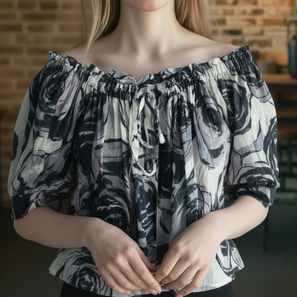 Iris Setlakwe Abstract Floral Off Shoulder Blouse Black Grey White Cotton 6